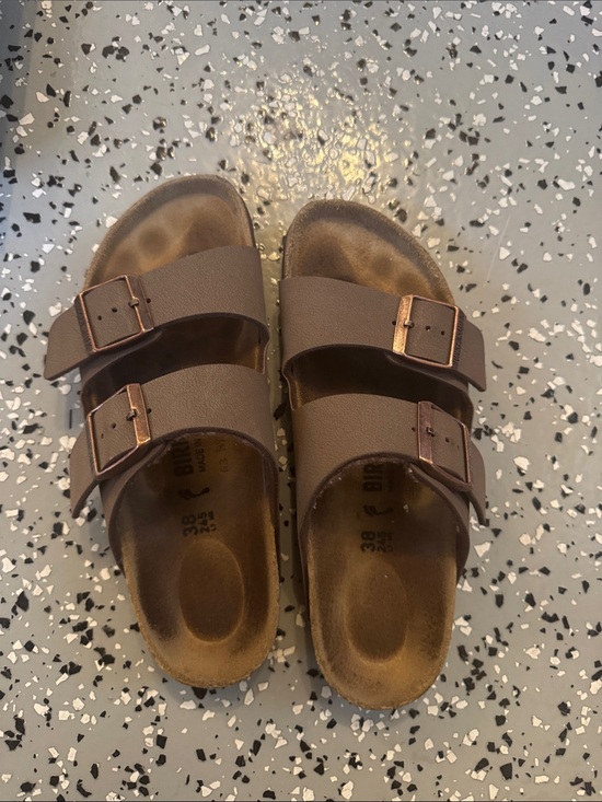 Birkenstock Shoes - Birkenstock Taupe Double-Strap Sandals with Rose Gold Buckles